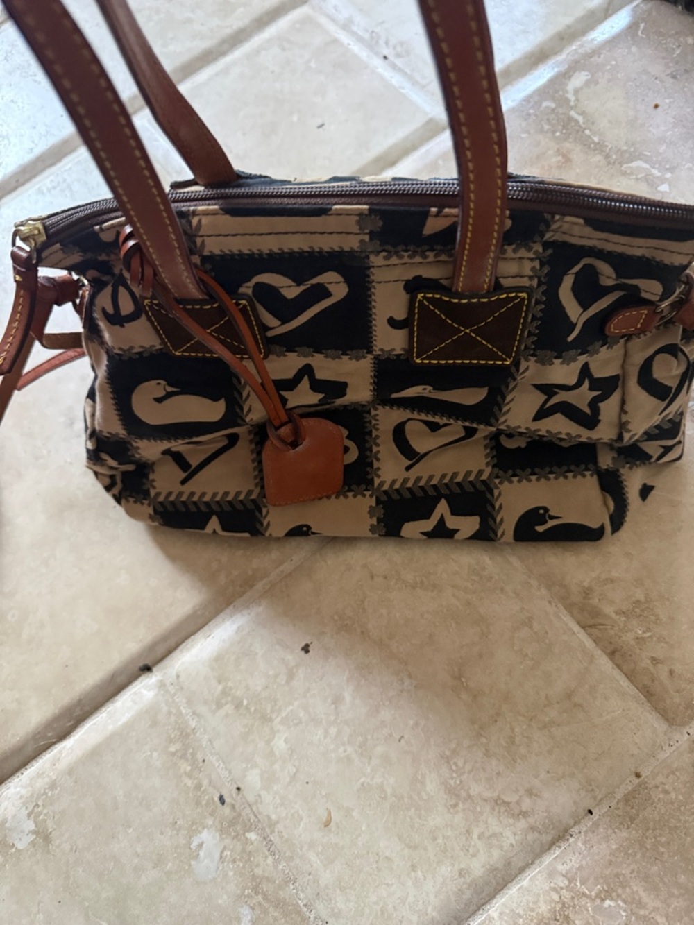 Dooney & Bourke Beige and Black Patchwork Heart & Star Shoulder Bag